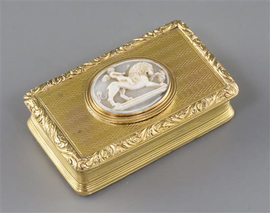 A George IV engine turned silver gilt rectangular snuff box, the lid with inset oval cameo shell